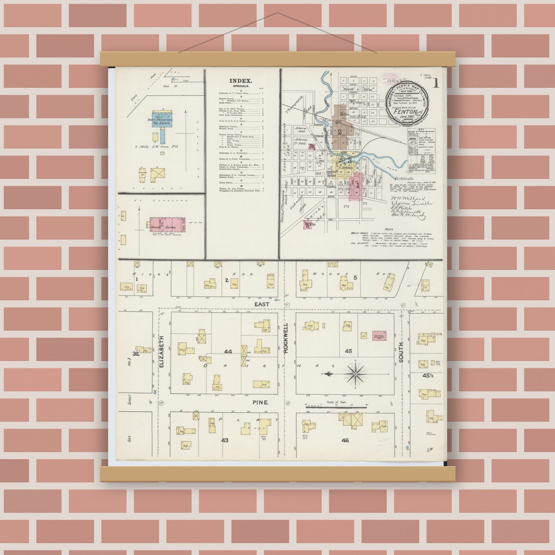 Old map wall art mockup — magnetic wood frame on brick wall — Sanborn Fire Insurance Map from Fenton, Genesee County, Michigan (1890) - Complete Map Set
