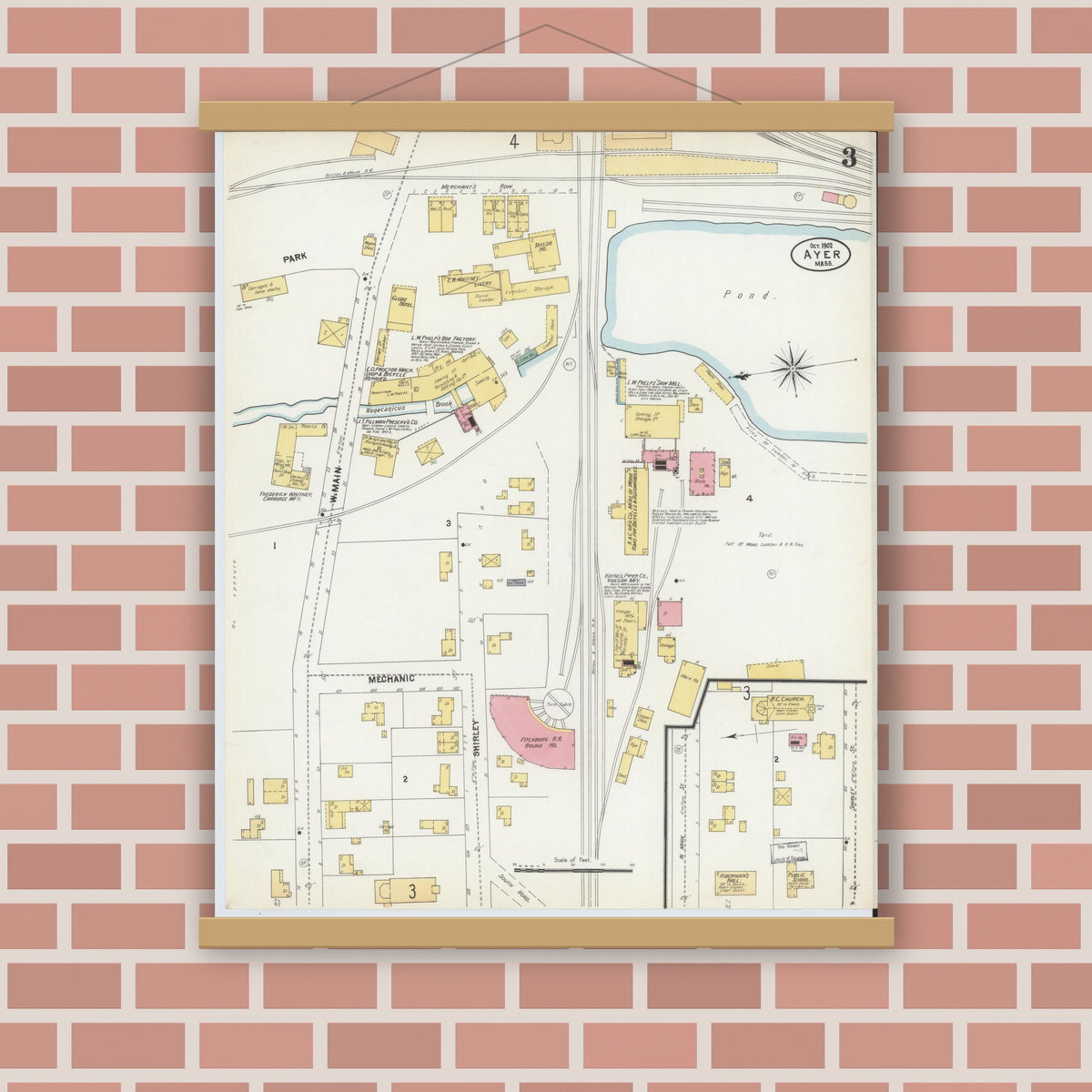 Old map wall art mockup — magnetic wood frame on brick wall — Sanborn Fire Insurance Map from Ayer, Middlesex County, Massachusetts (1902), Sheet #0003