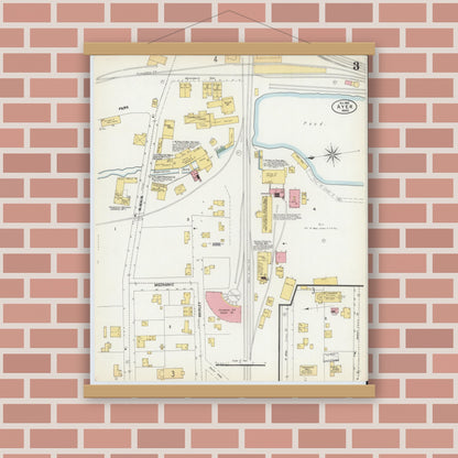 Old map wall art mockup — magnetic wood frame on brick wall — Sanborn Fire Insurance Map from Ayer, Middlesex County, Massachusetts (1902), Sheet #0003