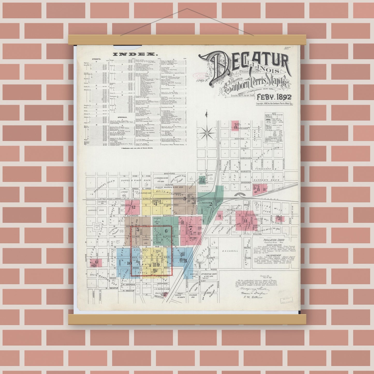Old map wall art mockup — magnetic wood frame on brick wall — Sanborn Fire Insurance Map from Decatur, Macon County, Illinois (1892), Sheet #0001