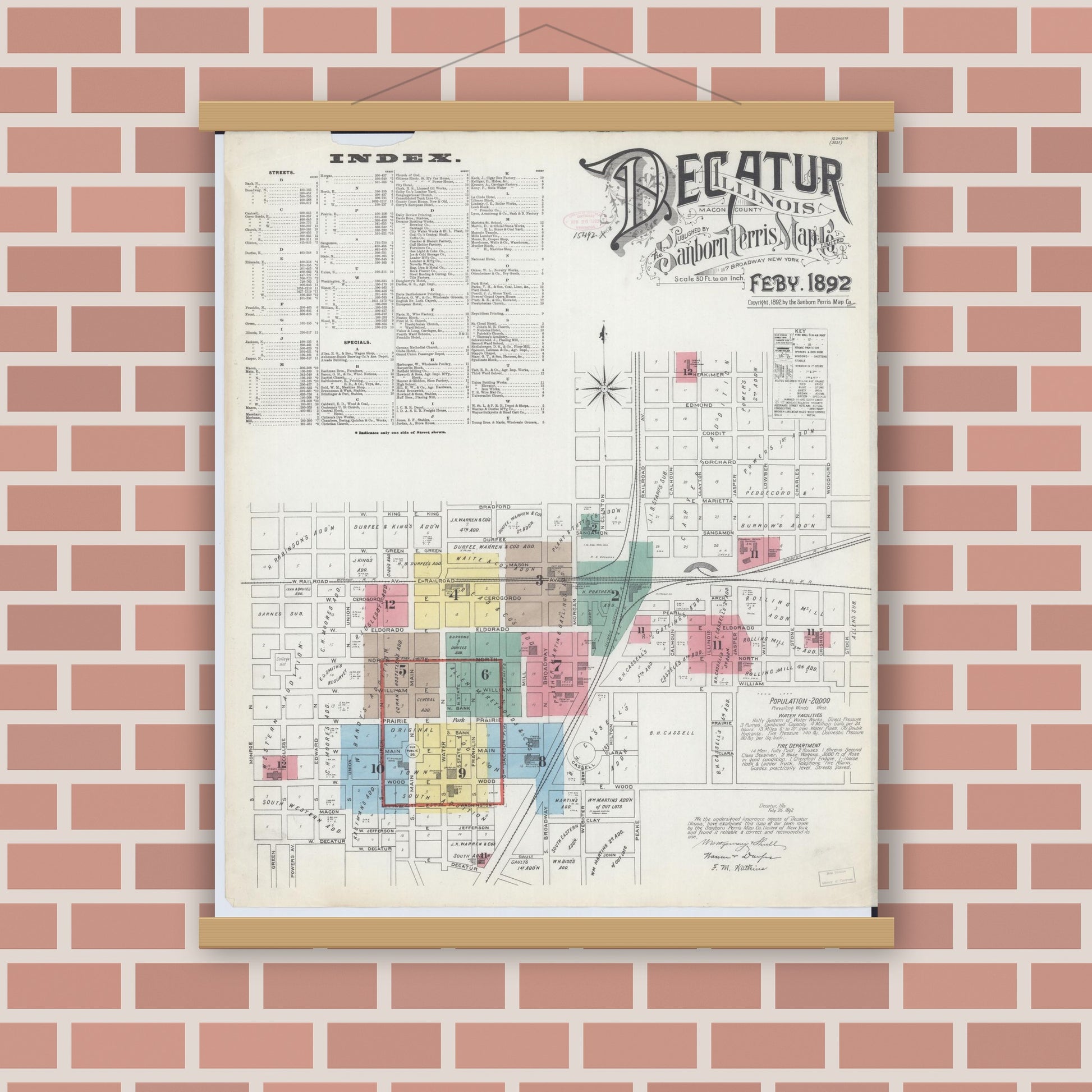 Old map wall art mockup — magnetic wood frame on brick wall — Sanborn Fire Insurance Map from Decatur, Macon County, Illinois (1892), Sheet #0001