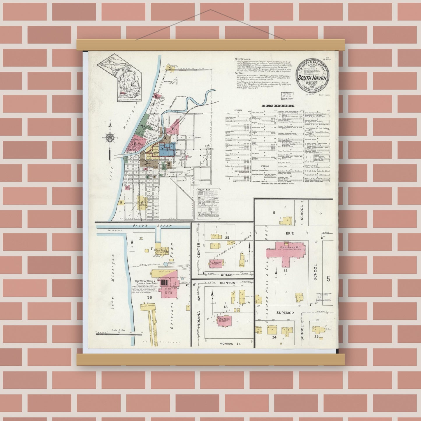 Old map wall art mockup — magnetic wood frame on brick wall — Sanborn Fire Insurance Map from South Haven, Van Buren County, Michigan (1916) - Complete Map Set