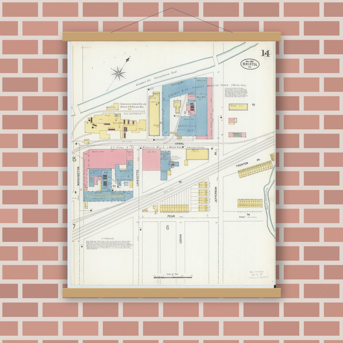 Old map wall art mockup — magnetic wood frame on brick wall — Sanborn Fire Insurance Map from Bristol, Bucks County, Pennsylvania (1903), Sheet #0014