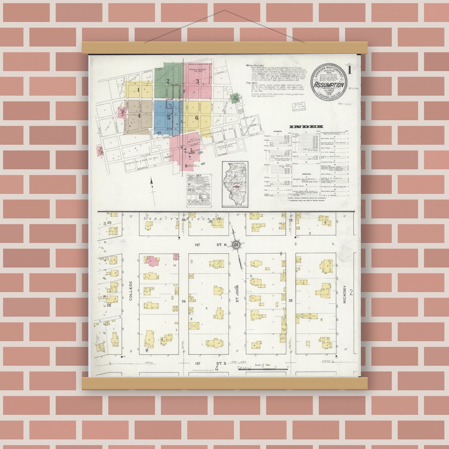 Old map wall art mockup — magnetic wood frame on brick wall — Sanborn Fire Insurance Map from Assumption, Christian County, Illinois (1916), Sheet #0001
