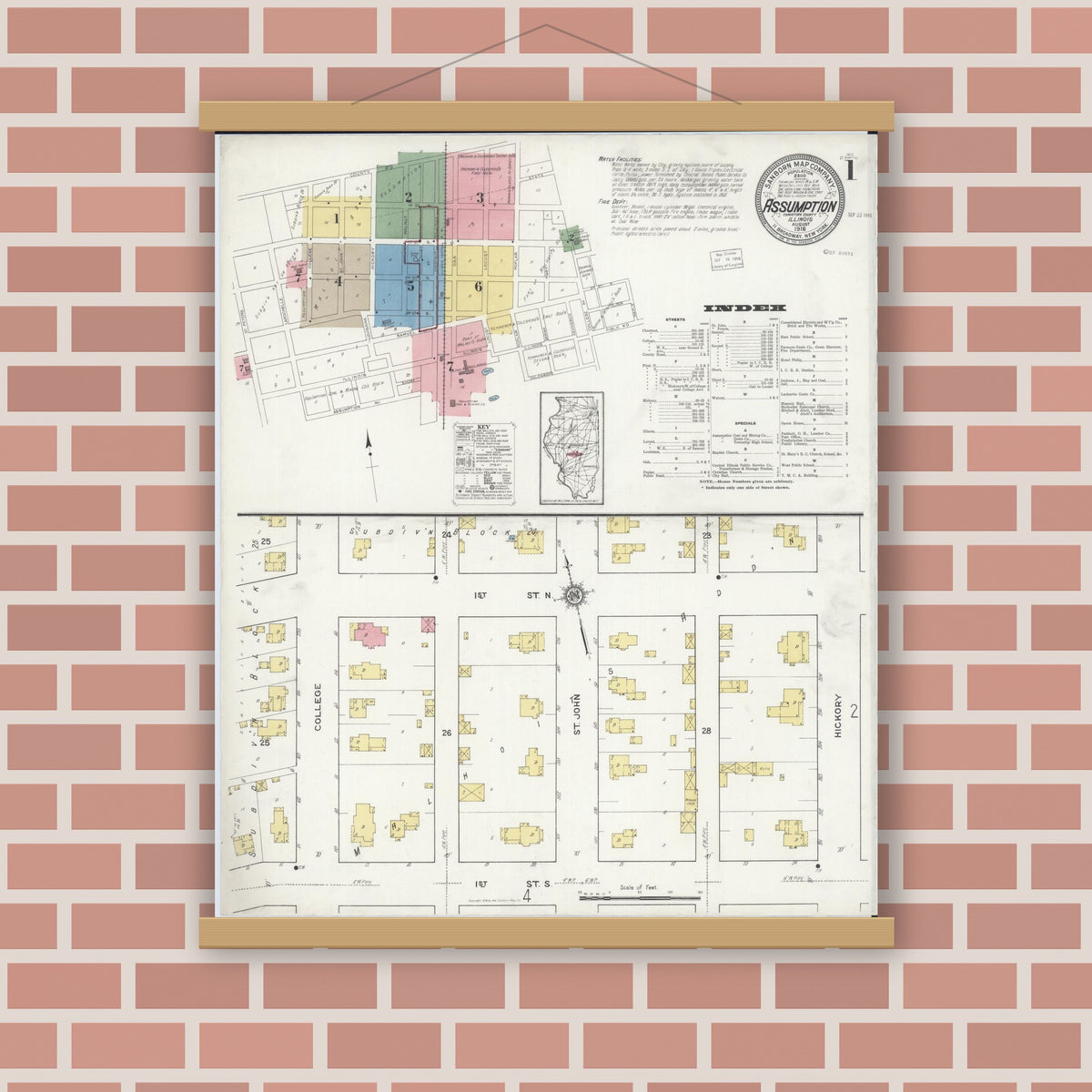 Old map wall art mockup — magnetic wood frame on brick wall — Sanborn Fire Insurance Map from Assumption, Christian County, Illinois (1916), Sheet #0001