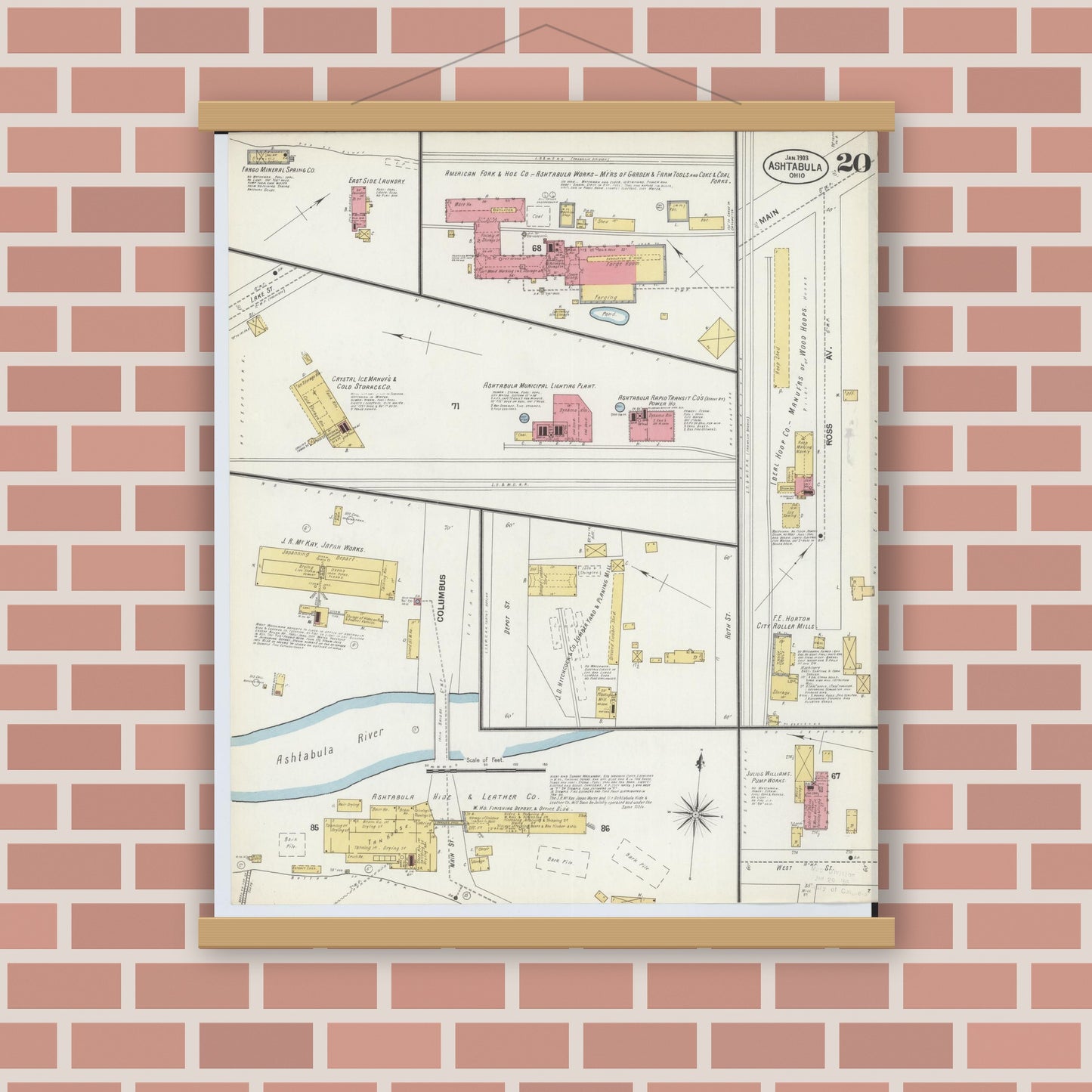 Old map wall art mockup — magnetic wood frame on brick wall — Sanborn Fire Insurance Map from Ashtabula, Ashtabula County, Ohio (1903), Sheet #0020
