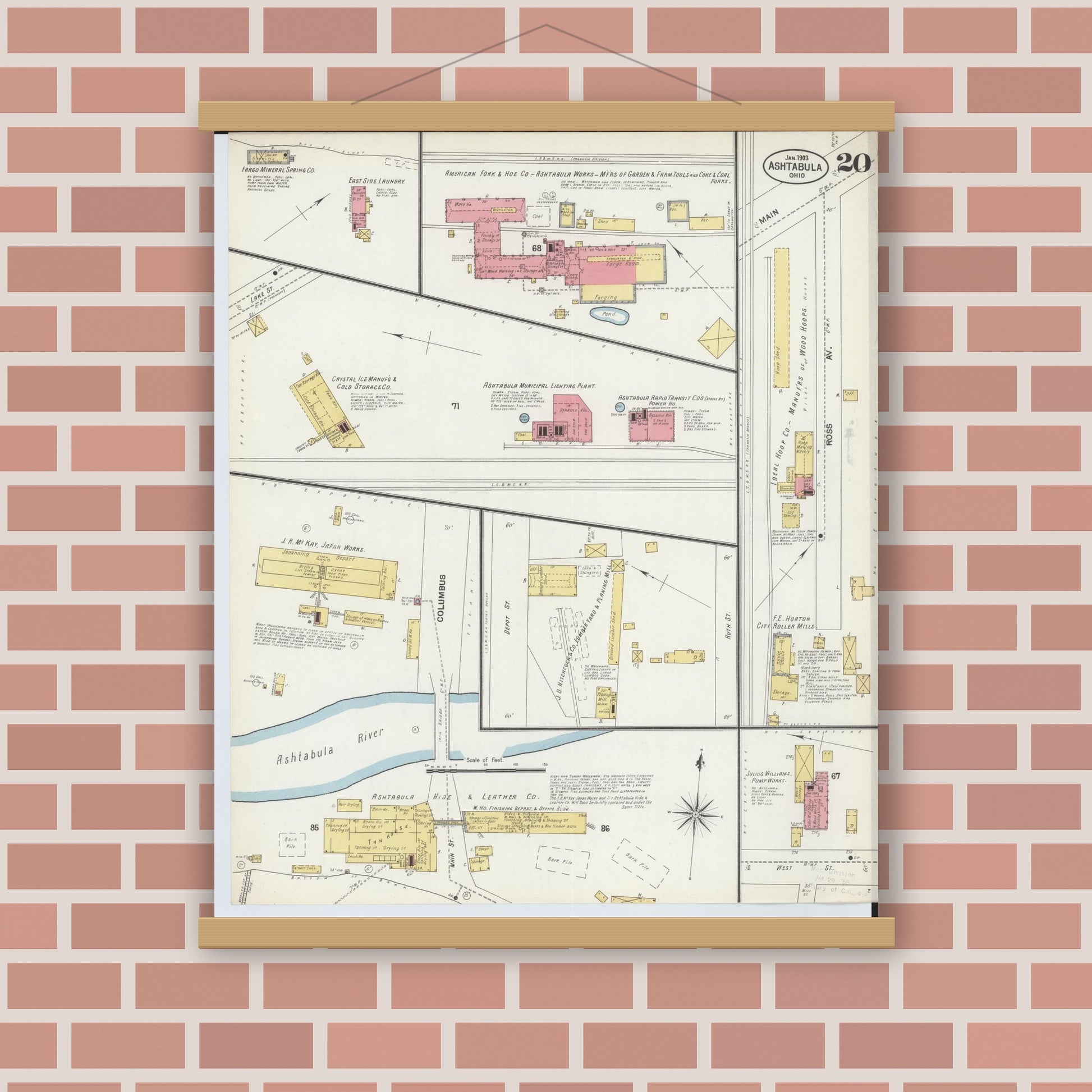 Old map wall art mockup — magnetic wood frame on brick wall — Sanborn Fire Insurance Map from Ashtabula, Ashtabula County, Ohio (1903), Sheet #0020