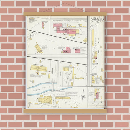 Old map wall art mockup — magnetic wood frame on brick wall — Sanborn Fire Insurance Map from Ashtabula, Ashtabula County, Ohio (1903), Sheet #0020