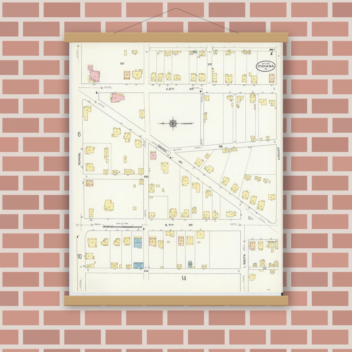 Old map wall art mockup — magnetic wood frame on brick wall — Sanborn Fire Insurance Map from Indiana, Indiana County, Pennsylvania (1910), Sheet #0007