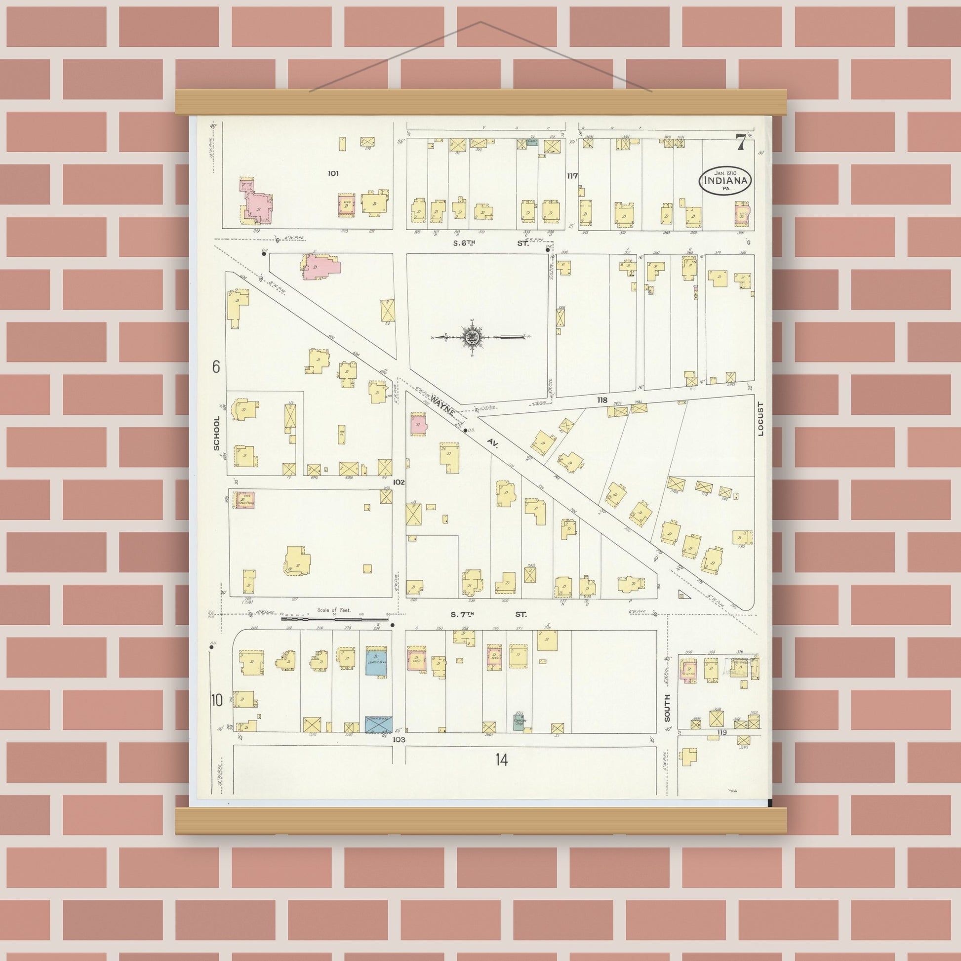 Old map wall art mockup — magnetic wood frame on brick wall — Sanborn Fire Insurance Map from Indiana, Indiana County, Pennsylvania (1910), Sheet #0007