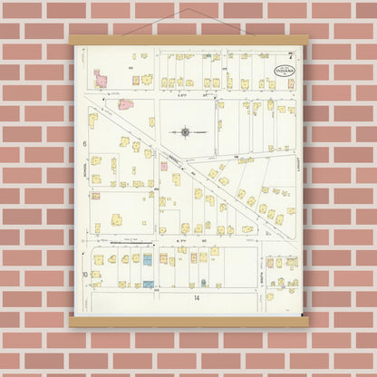 Old map wall art mockup — magnetic wood frame on brick wall — Sanborn Fire Insurance Map from Indiana, Indiana County, Pennsylvania (1910), Sheet #0007