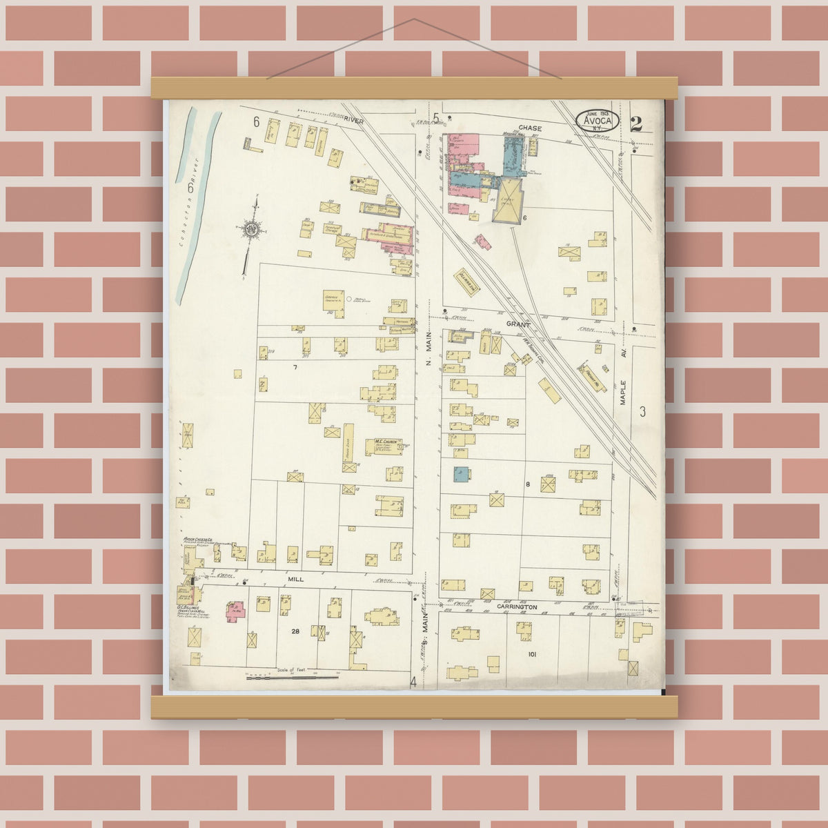 Old map wall art mockup — magnetic wood frame on brick wall — Sanborn Fire Insurance Map from Avoca, Steuben County, New York (1913), Sheet #0002