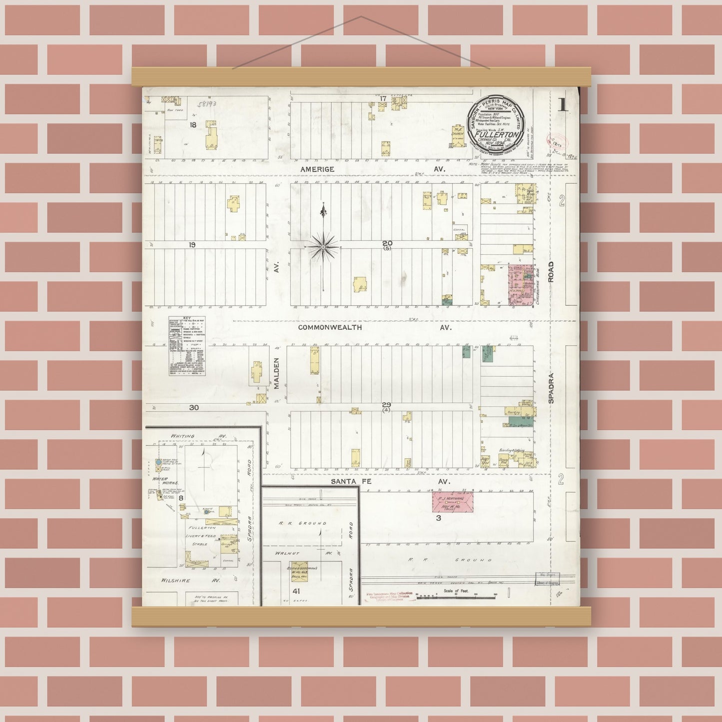 Old map wall art mockup — magnetic wood frame on brick wall — Sanborn Fire Insurance Map from Fullerton, Orange County, California (1894) - Complete Map Set