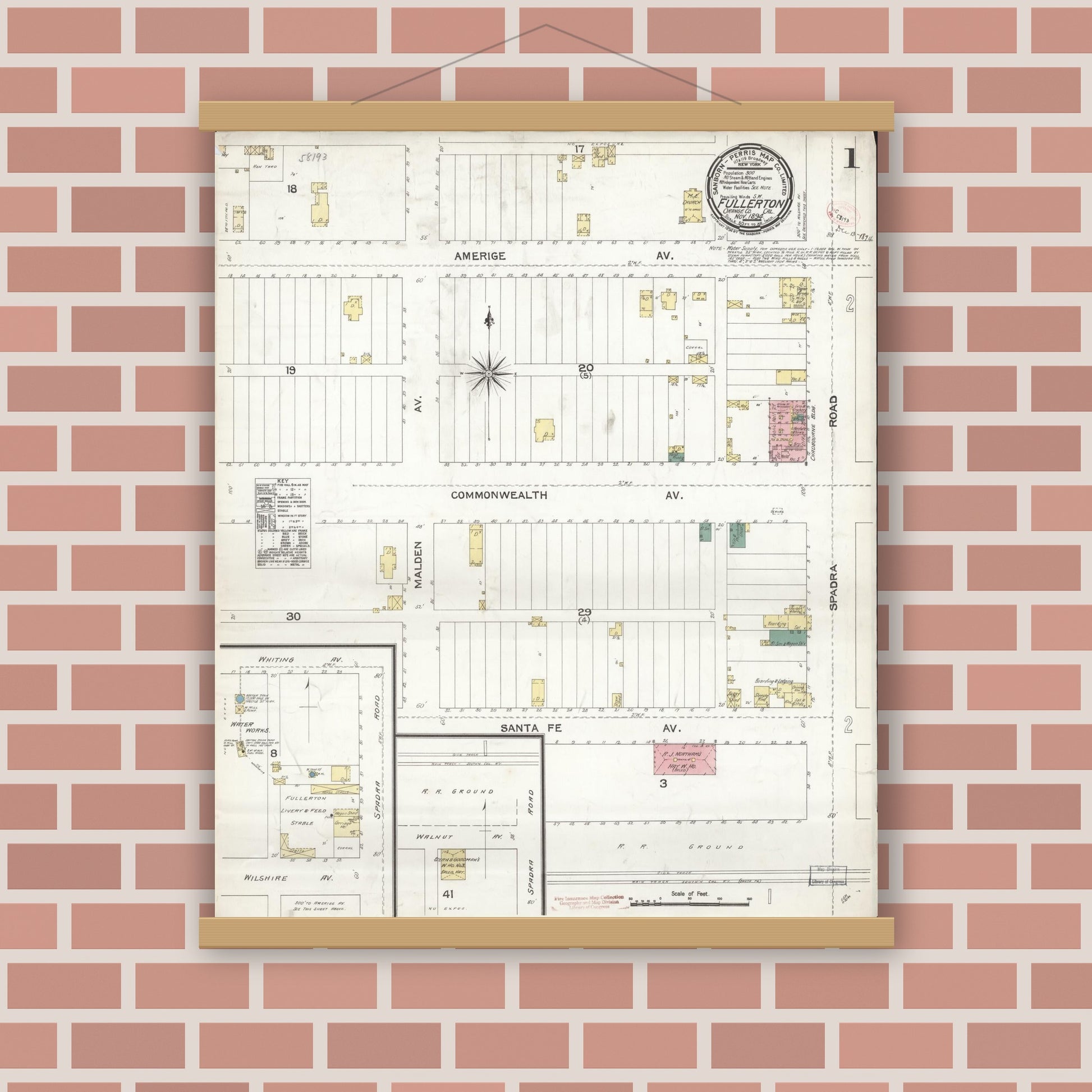 Old map wall art mockup — magnetic wood frame on brick wall — Sanborn Fire Insurance Map from Fullerton, Orange County, California (1894) - Complete Map Set