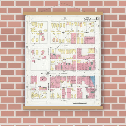 Old map wall art mockup — magnetic wood frame on brick wall — Sanborn Fire Insurance Map from Danville, Vermilion County, Illinois (1909), Sheet #0013