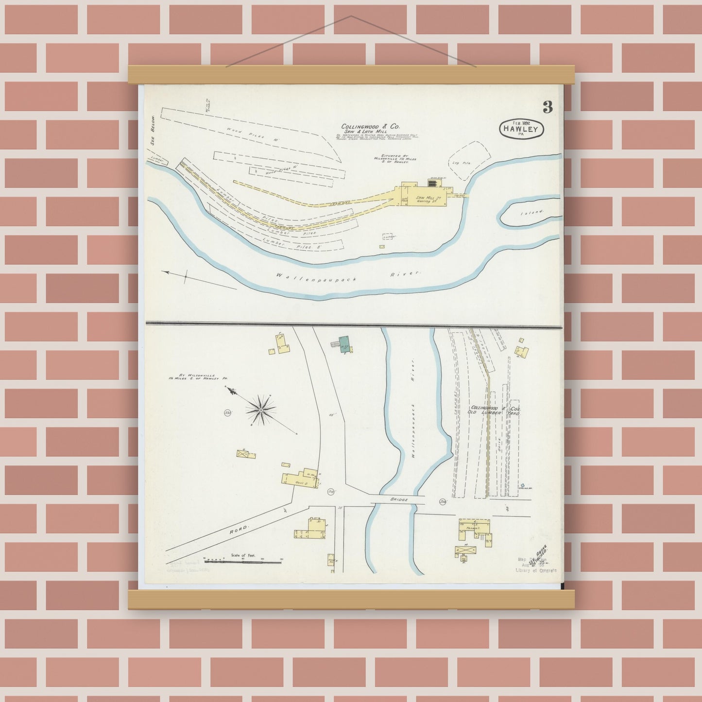 Old map wall art mockup — magnetic wood frame on brick wall — Sanborn Fire Insurance Map from Hawley, Wayne County, Pennsylvania (1892), Sheet #0003