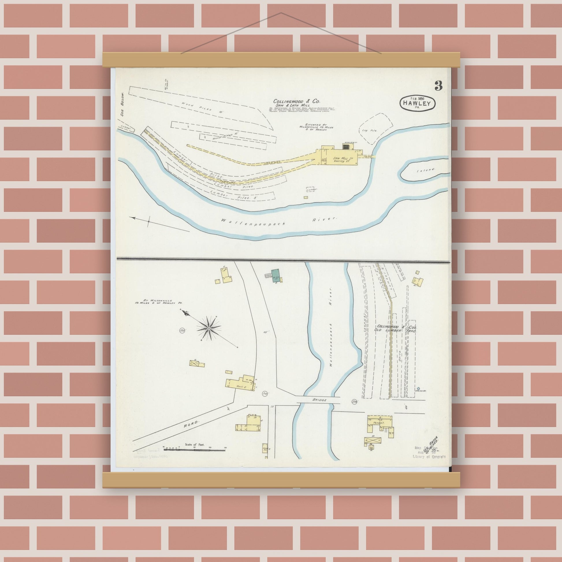 Old map wall art mockup — magnetic wood frame on brick wall — Sanborn Fire Insurance Map from Hawley, Wayne County, Pennsylvania (1892), Sheet #0003