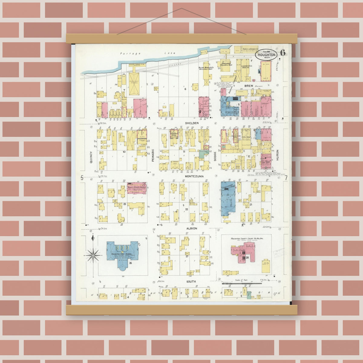 Old map wall art mockup — magnetic wood frame on brick wall — Sanborn Fire Insurance Map from Houghton, Houghton County, Michigan (1908), Sheet #0006