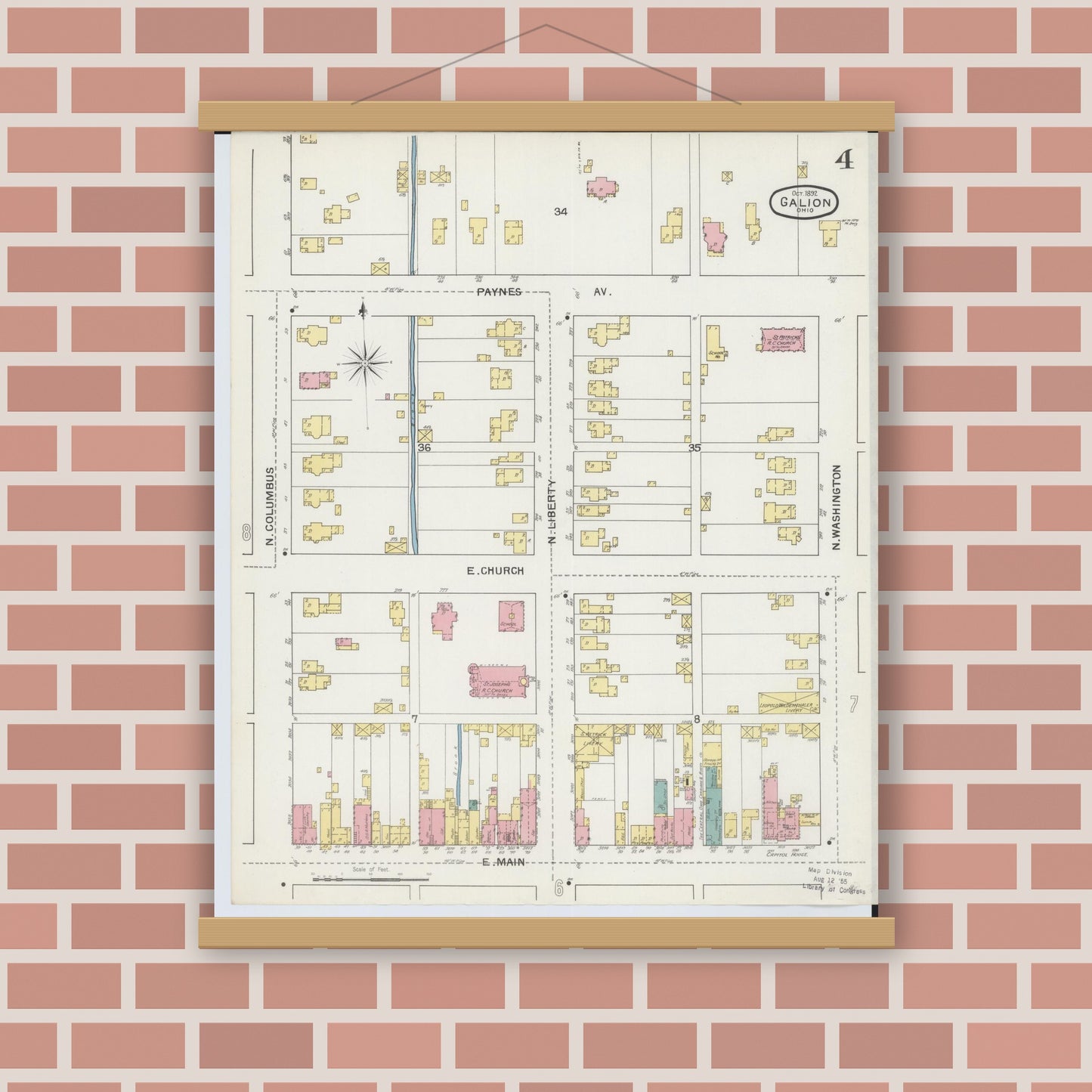 Old map wall art mockup — magnetic wood frame on brick wall — Sanborn Fire Insurance Map from Galion, Crawford County, Ohio (1892), Sheet #0004