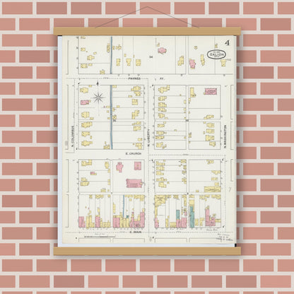 Old map wall art mockup — magnetic wood frame on brick wall — Sanborn Fire Insurance Map from Galion, Crawford County, Ohio (1892), Sheet #0004