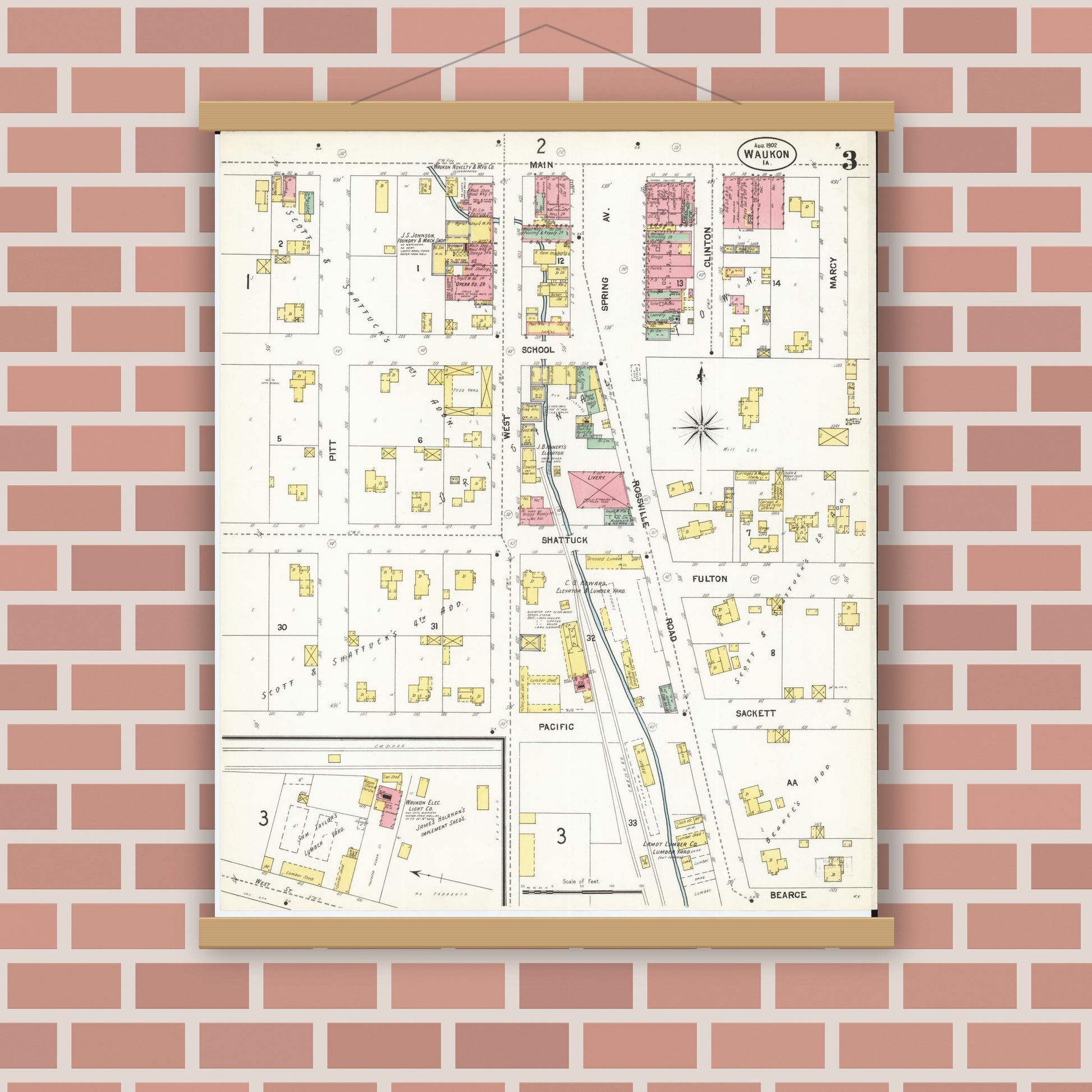 Old map wall art mockup — magnetic wood frame on brick wall — Sanborn Fire Insurance Map from Waukon, Allamakee County, Iowa (1902), Sheet #0003