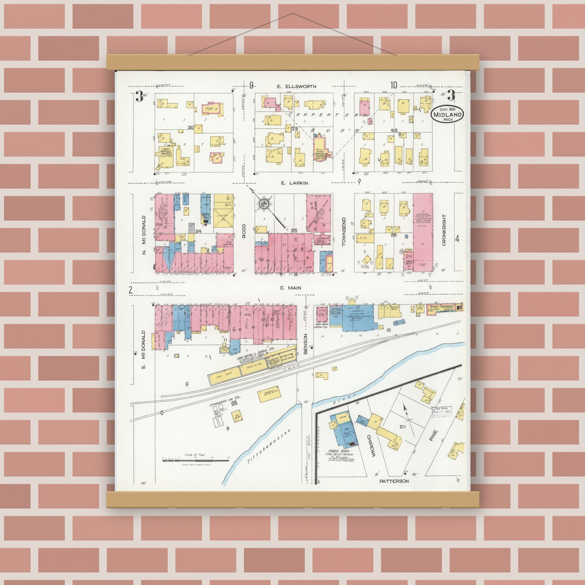 Old map wall art mockup — magnetic wood frame on brick wall — Sanborn Fire Insurance Map from Midland, Midland County, Michigan (1926), Sheet #0003