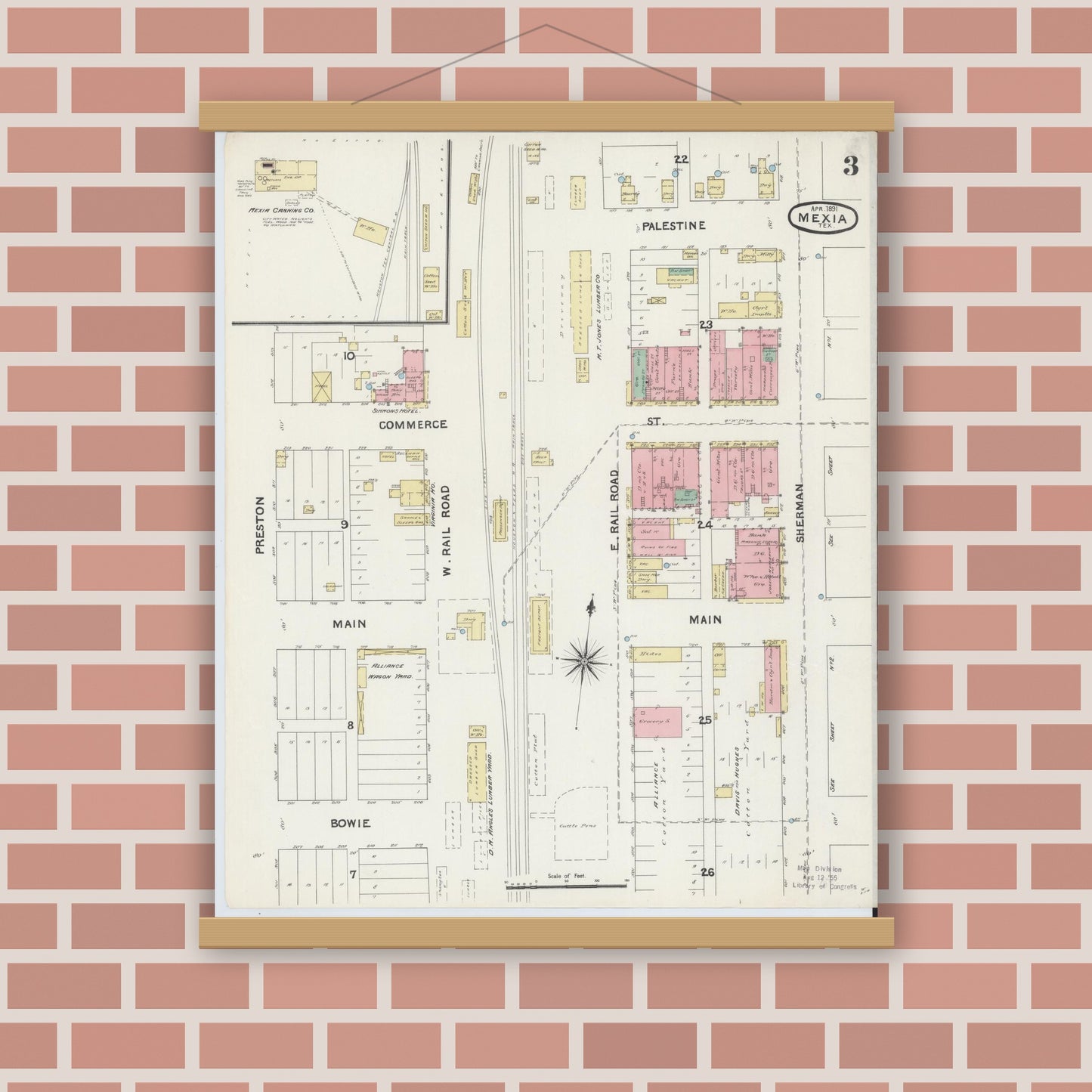 Old map wall art mockup — magnetic wood frame on brick wall — Sanborn Fire Insurance Map from Mexia, Limestone County, Texas (1891), Sheet #0003
