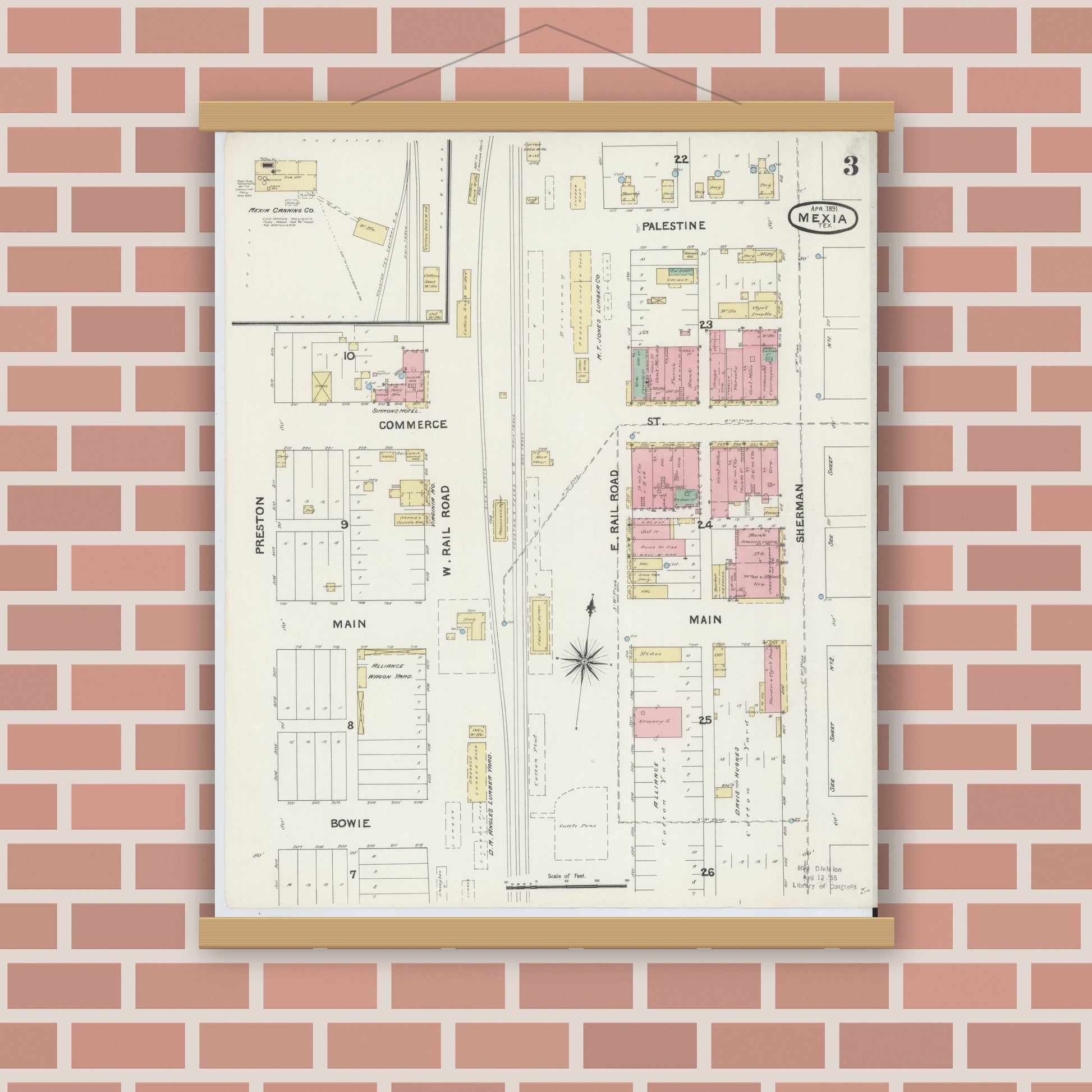 Old map wall art mockup — magnetic wood frame on brick wall — Sanborn Fire Insurance Map from Mexia, Limestone County, Texas (1891), Sheet #0003