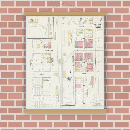Old map wall art mockup — magnetic wood frame on brick wall — Sanborn Fire Insurance Map from Mexia, Limestone County, Texas (1891), Sheet #0003