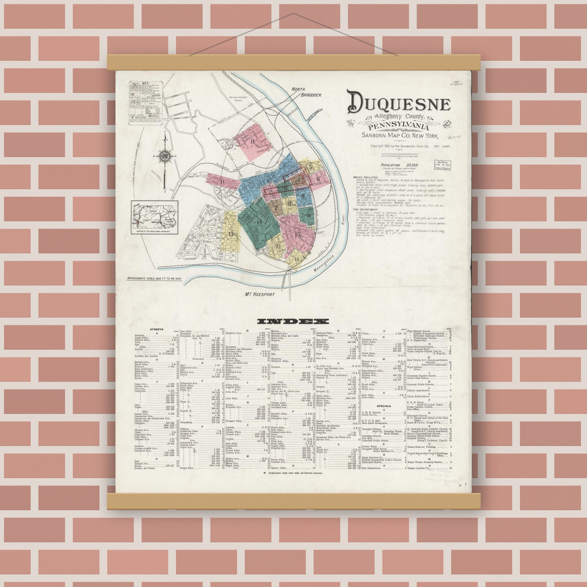 Old map wall art mockup — magnetic wood frame on brick wall — Sanborn Fire Insurance Map from Duquesne, Allegheny County, Pennsylvania (1925) - Complete Map Set