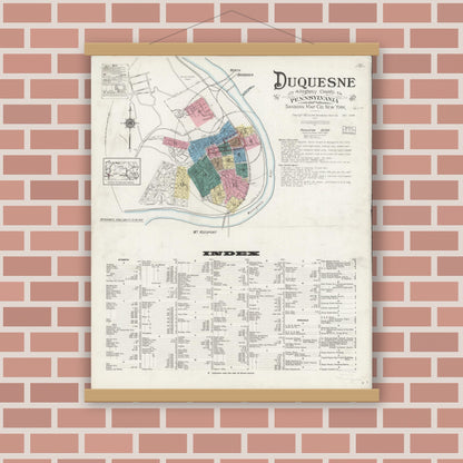 Old map wall art mockup — magnetic wood frame on brick wall — Sanborn Fire Insurance Map from Duquesne, Allegheny County, Pennsylvania (1925) - Complete Map Set