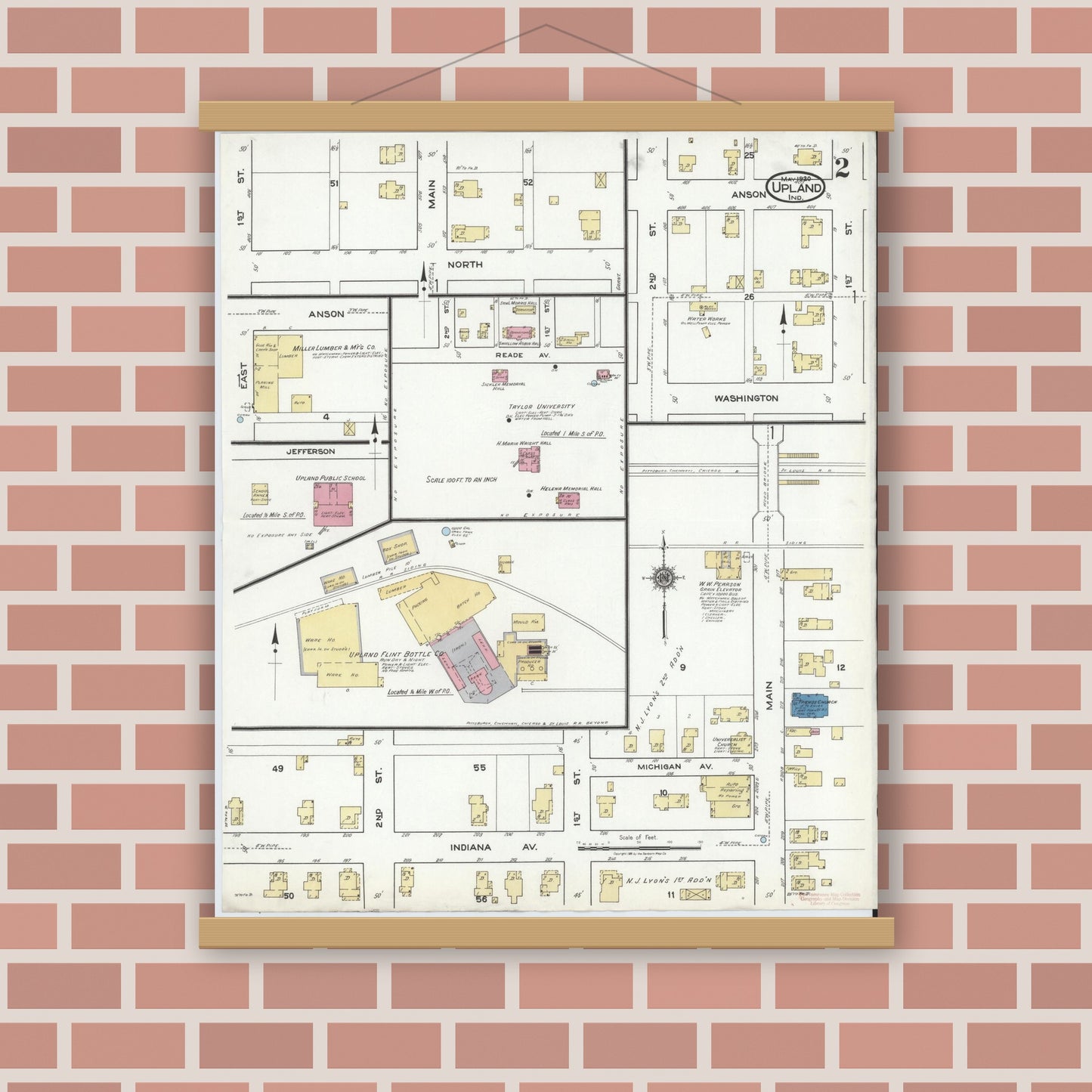 Old map wall art mockup — magnetic wood frame on brick wall — Sanborn Fire Insurance Map from Upland, Grant County, Indiana (1920), Sheet #0002