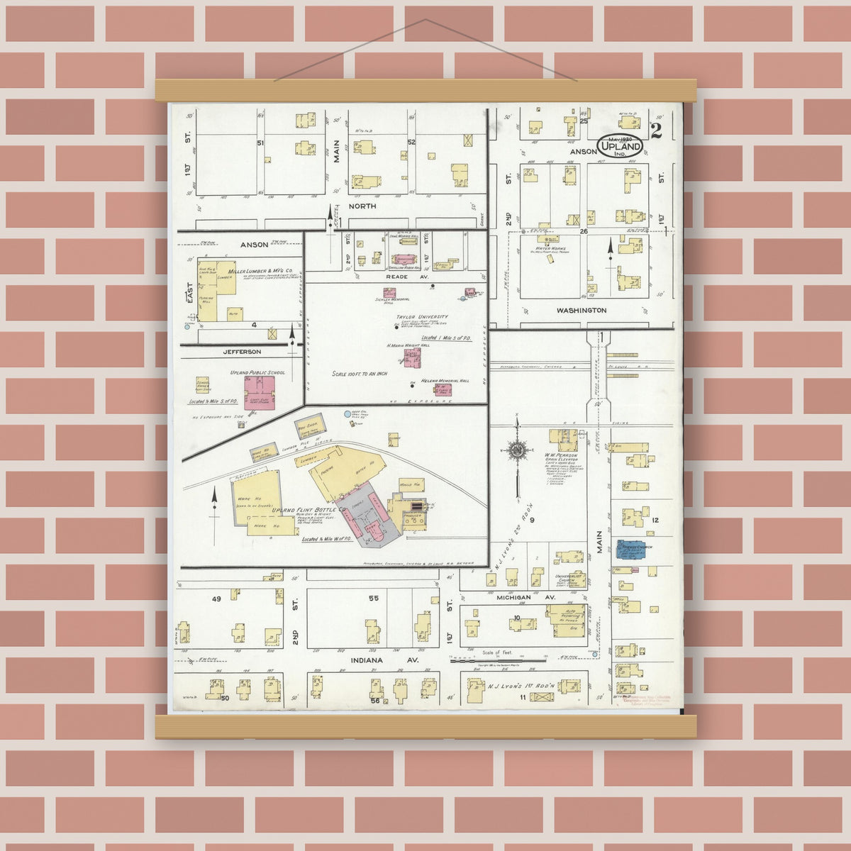 Old map wall art mockup — magnetic wood frame on brick wall — Sanborn Fire Insurance Map from Upland, Grant County, Indiana (1920), Sheet #0002