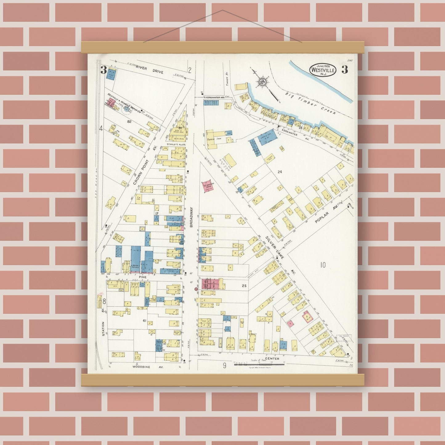 Old map wall art mockup — magnetic wood frame on brick wall — Sanborn Fire Insurance Map from Westville, Gloucester County, New Jersey (1926), Sheet #0003