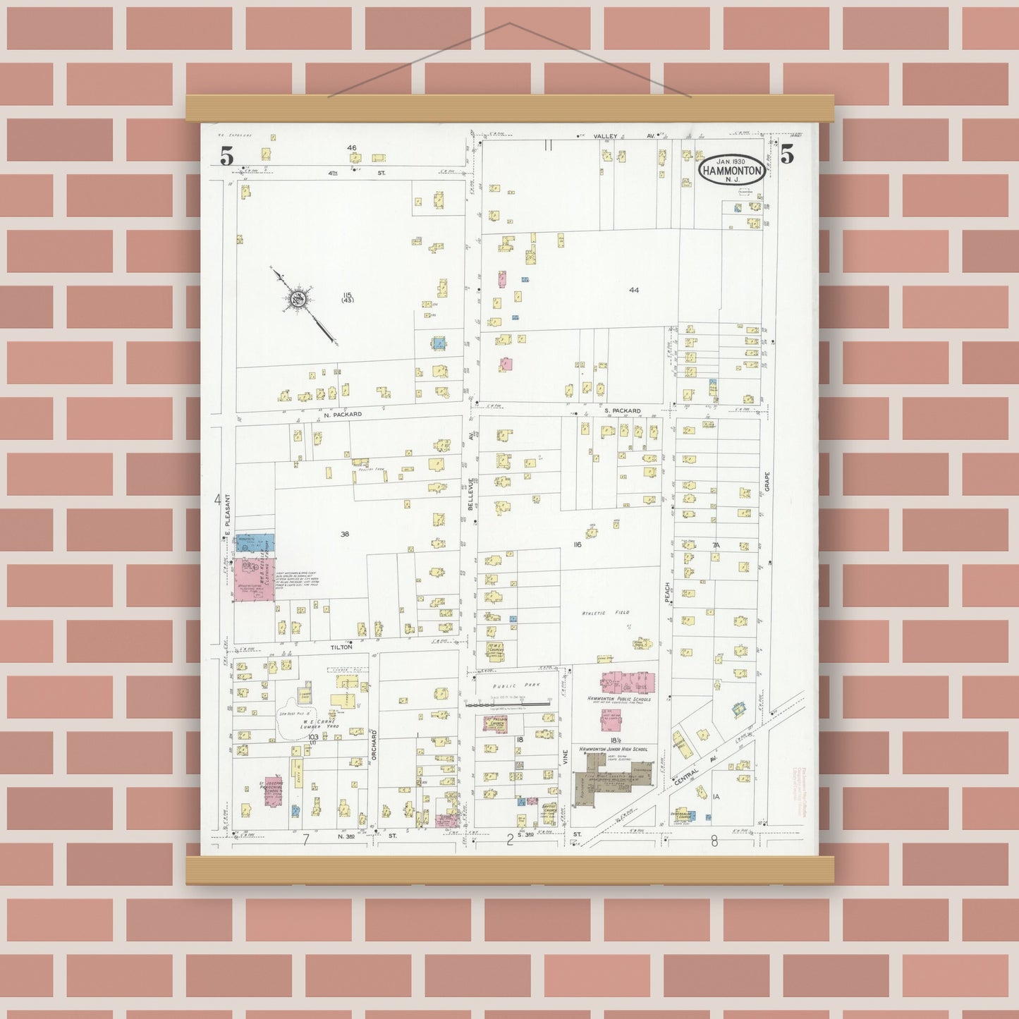 Old map wall art mockup — magnetic wood frame on brick wall — Sanborn Fire Insurance Map from Hammonton, Atlantic County, New Jersey (1930), Sheet #0005
