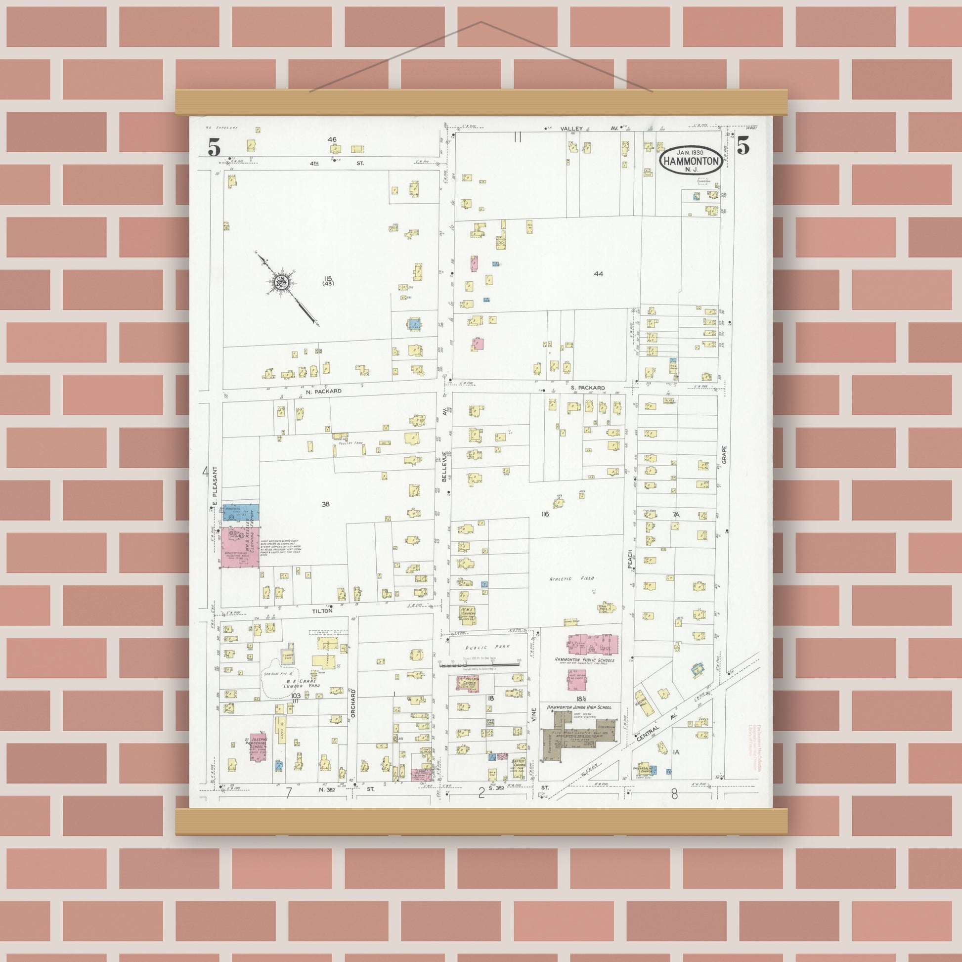 Old map wall art mockup — magnetic wood frame on brick wall — Sanborn Fire Insurance Map from Hammonton, Atlantic County, New Jersey (1930), Sheet #0005
