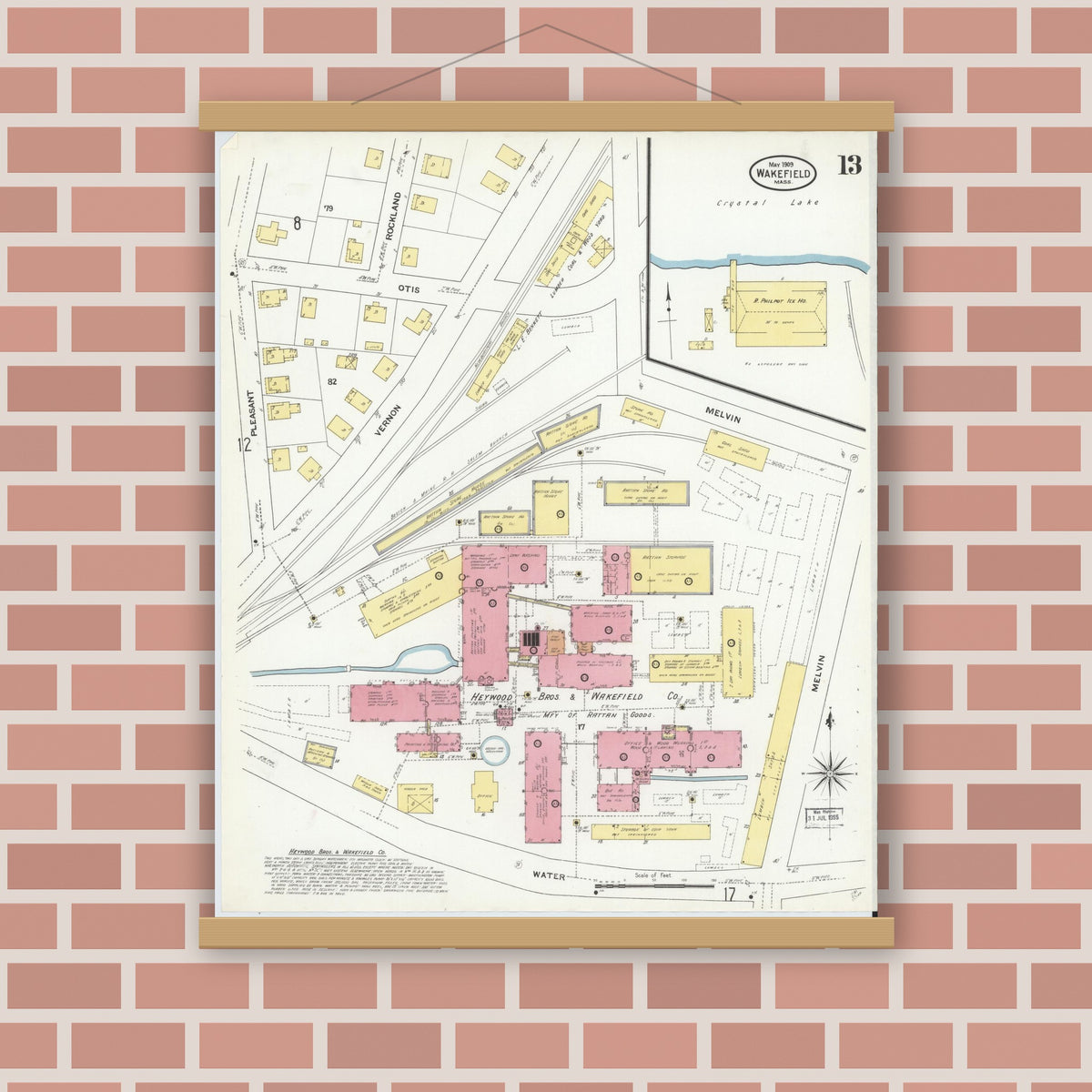 Old map wall art mockup — magnetic wood frame on brick wall — Sanborn Fire Insurance Map from Wakefield, Middlesex County, Massachusetts (1909), Sheet #0013