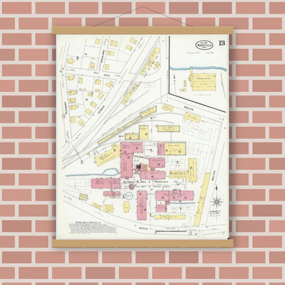 Old map wall art mockup — magnetic wood frame on brick wall — Sanborn Fire Insurance Map from Wakefield, Middlesex County, Massachusetts (1909), Sheet #0013