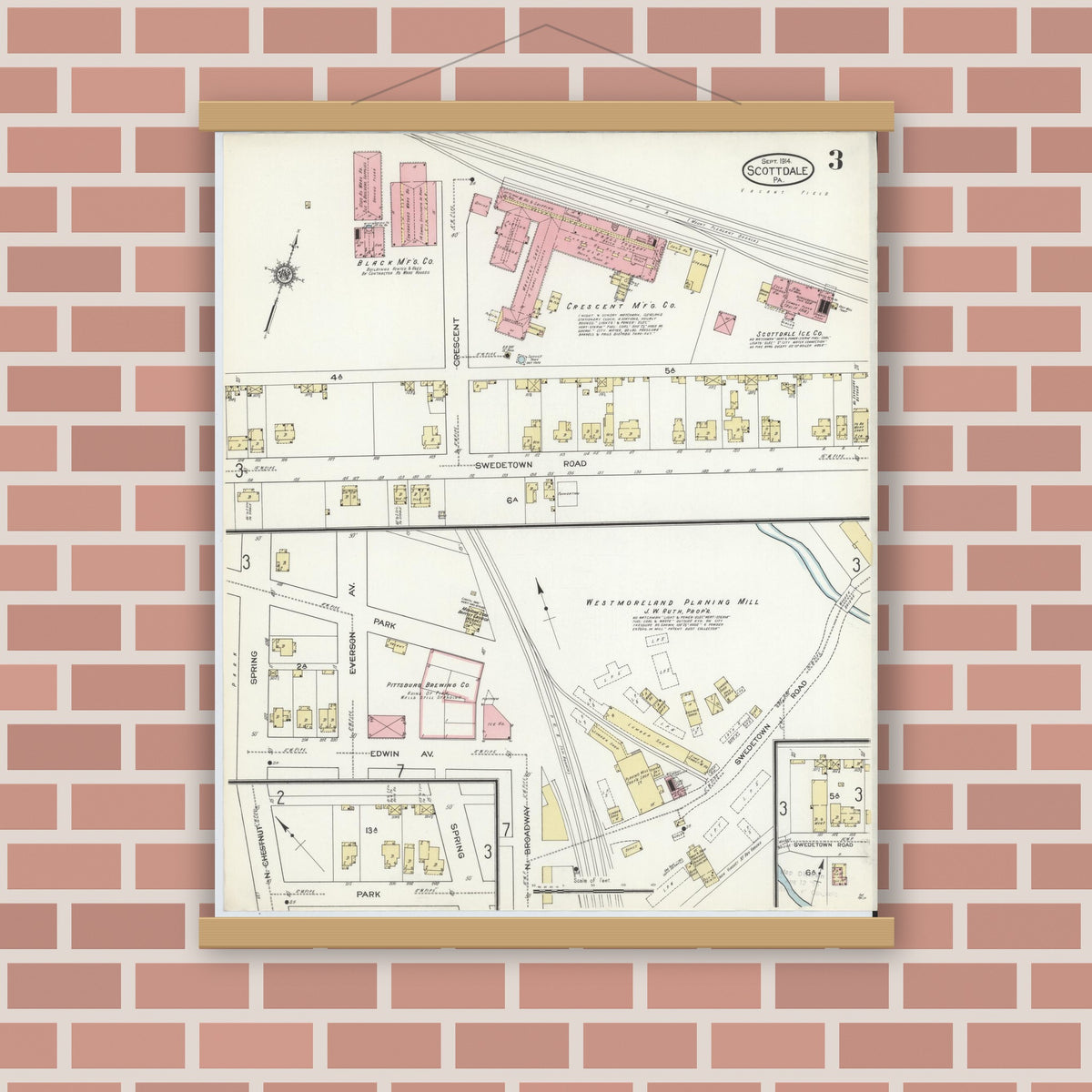 Old map wall art mockup — magnetic wood frame on brick wall — Sanborn Fire Insurance Map from Scottdale, Westmoreland County, Pennsylvania (1914), Sheet #0003