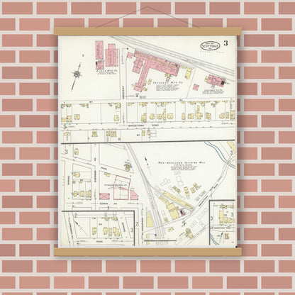 Old map wall art mockup — magnetic wood frame on brick wall — Sanborn Fire Insurance Map from Scottdale, Westmoreland County, Pennsylvania (1914), Sheet #0003