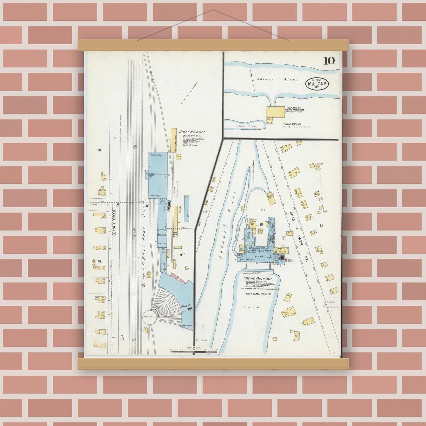 Old map wall art mockup — magnetic wood frame on brick wall — Sanborn Fire Insurance Map from Malone, Franklin County, New York (1898), Sheet #0010