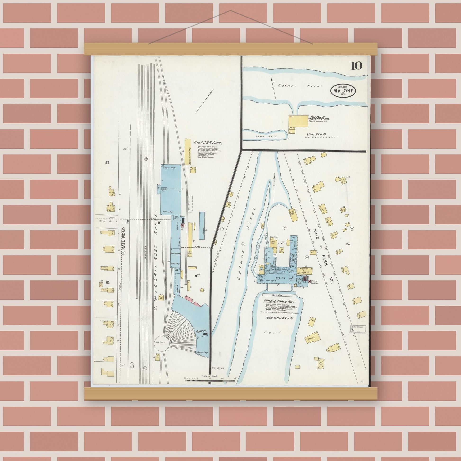 Old map wall art mockup — magnetic wood frame on brick wall — Sanborn Fire Insurance Map from Malone, Franklin County, New York (1898), Sheet #0010
