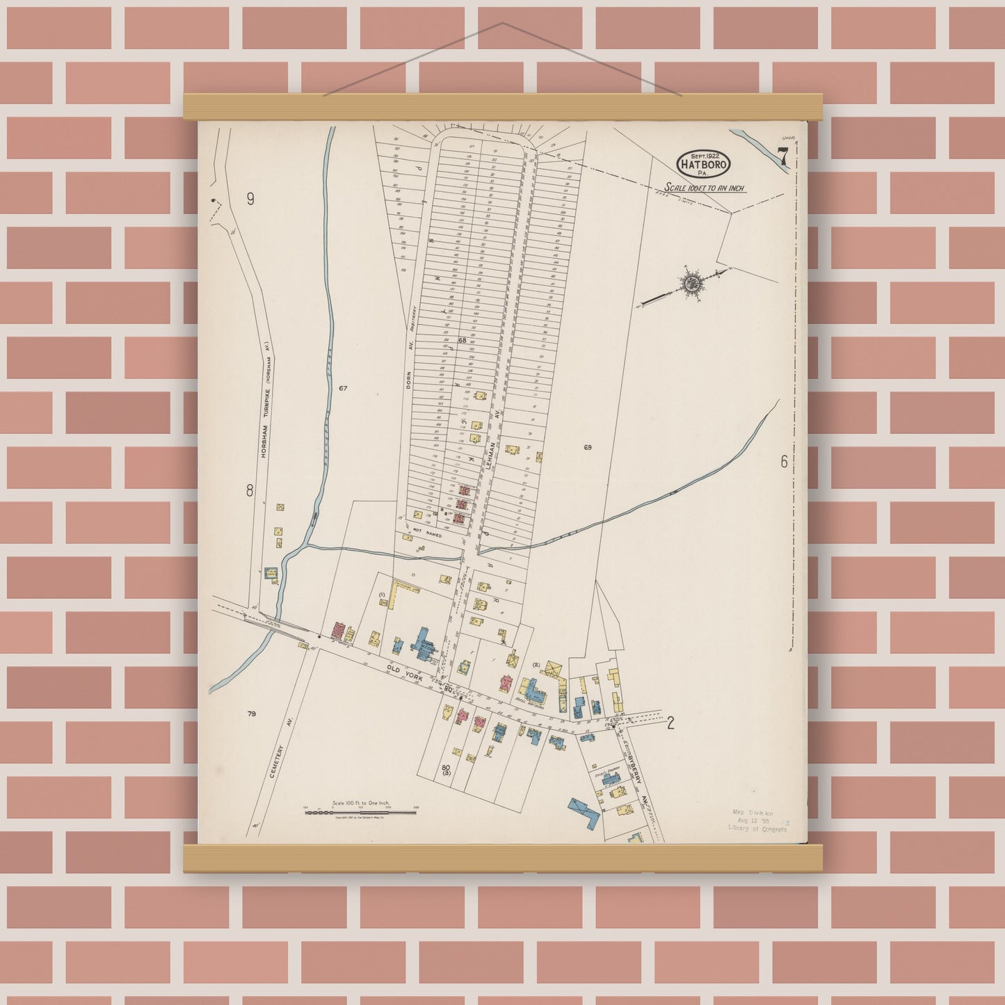 Old map wall art mockup — magnetic wood frame on brick wall — Sanborn Fire Insurance Map from Hatboro, Montgomery County, Pennsylvania (1922), Sheet #0007
