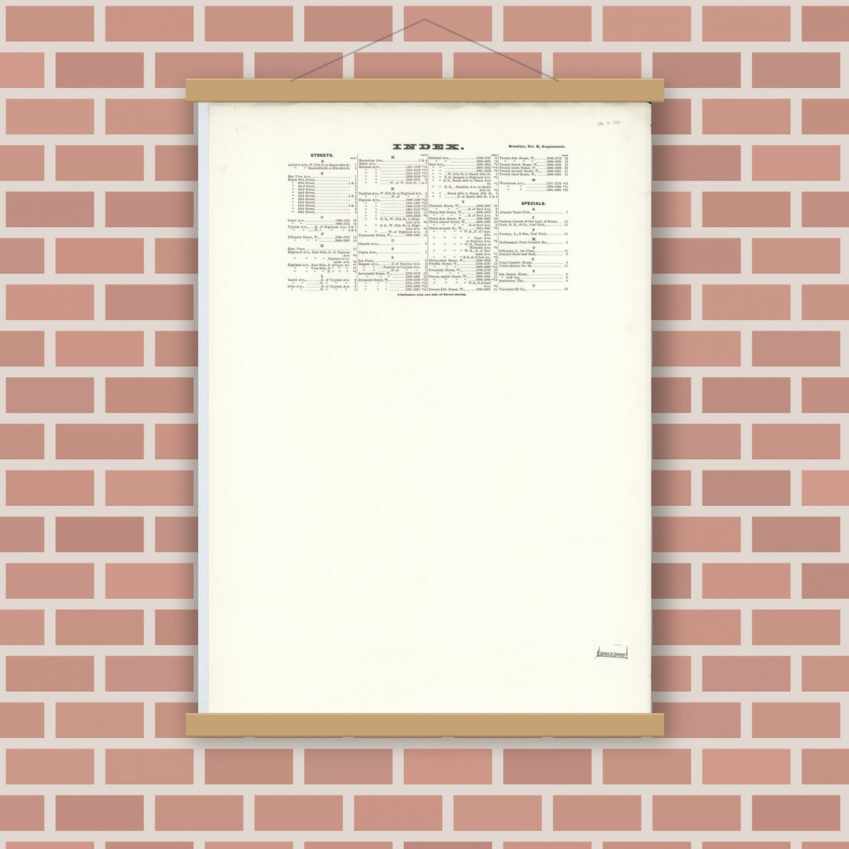 Old map wall art mockup — magnetic wood frame on brick wall — Sanborn Fire Insurance Map from Brooklyn, King  County, New York (1905), Sheet #0001