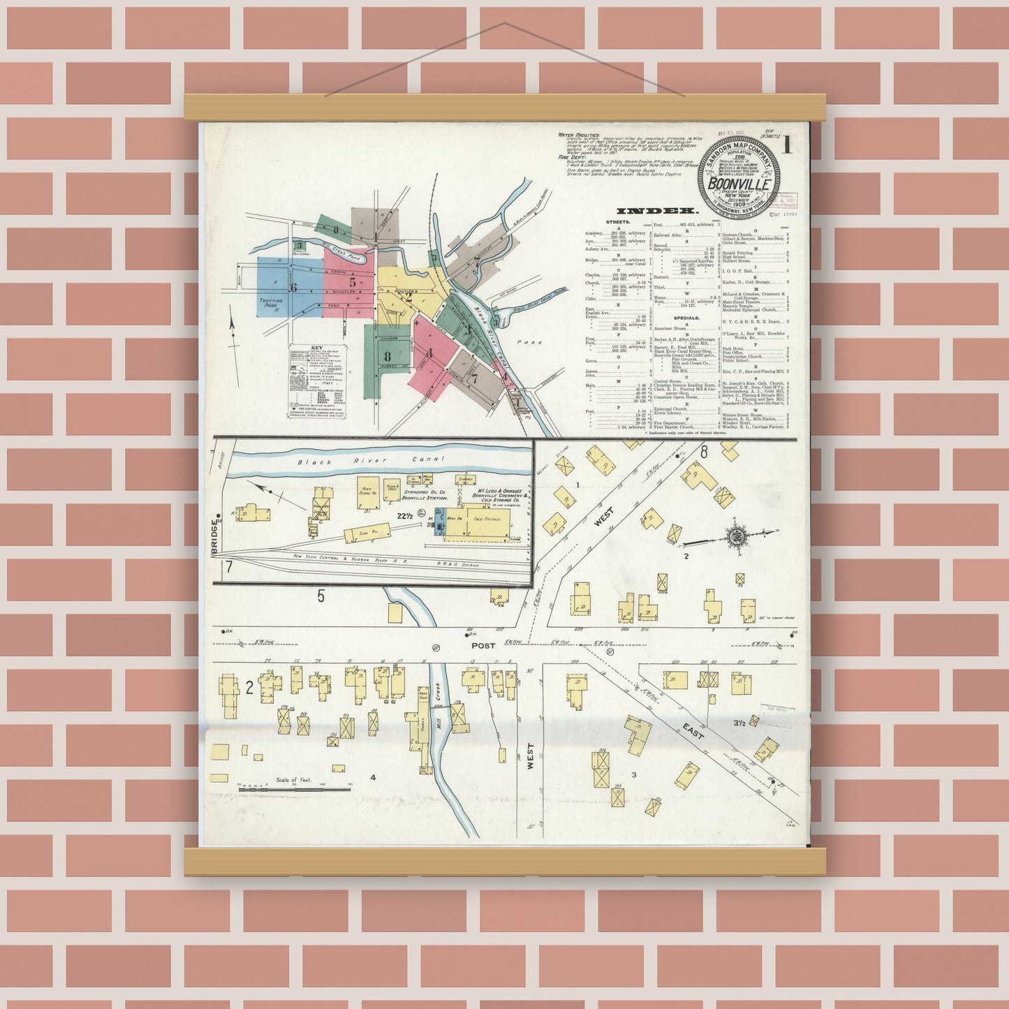 Old map wall art mockup — magnetic wood frame on brick wall — Sanborn Fire Insurance Map from Boonville, Oneida County, New York (1909) - Complete Map Set