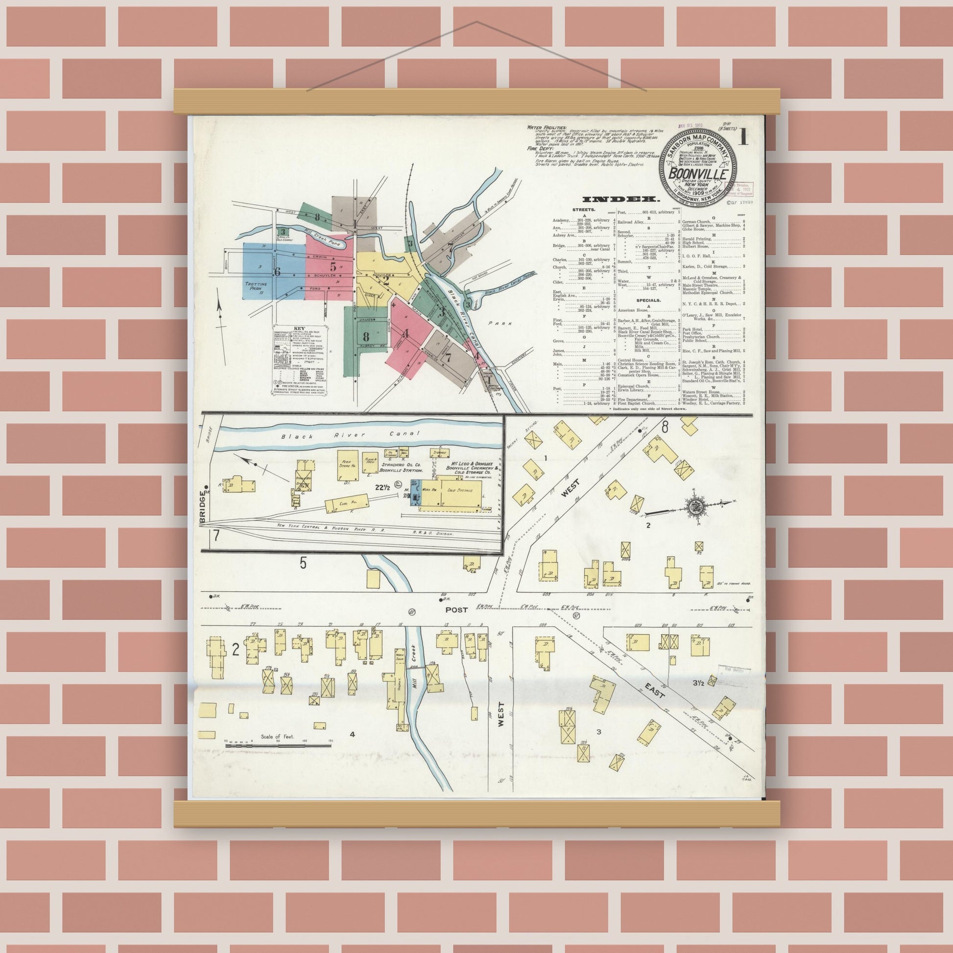 Old map wall art mockup — magnetic wood frame on brick wall — Sanborn Fire Insurance Map from Boonville, Oneida County, New York (1909) - Complete Map Set
