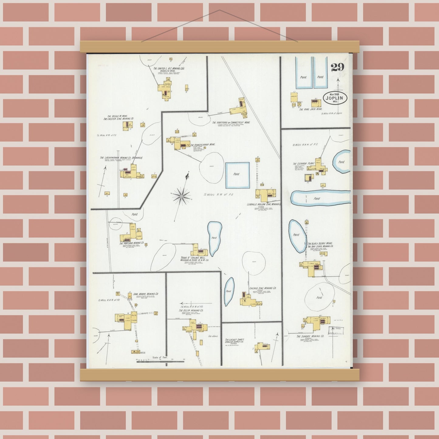 Old map wall art mockup — magnetic wood frame on brick wall — Sanborn Fire Insurance Map from Joplin, Jasper County, Missouri (1900), Sheet #0029