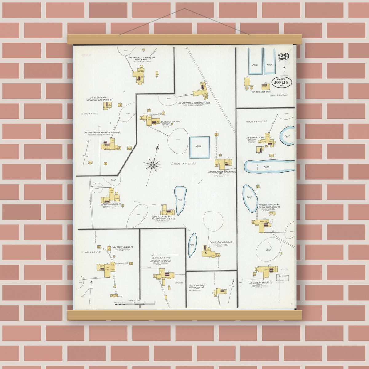 Old map wall art mockup — magnetic wood frame on brick wall — Sanborn Fire Insurance Map from Joplin, Jasper County, Missouri (1900), Sheet #0029