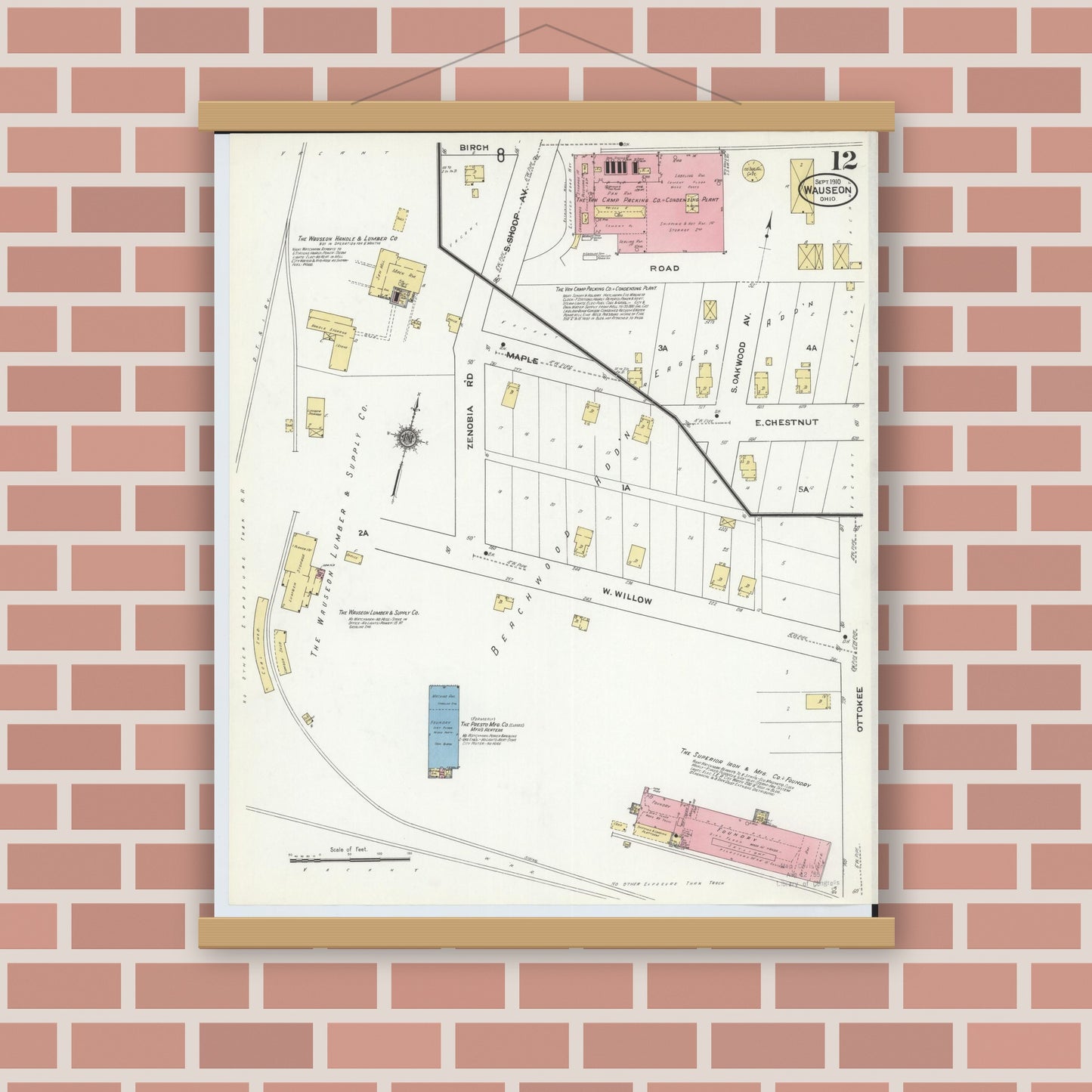 Old map wall art mockup — magnetic wood frame on brick wall — Sanborn Fire Insurance Map from Wauseon, Fulton County, Ohio (1910), Sheet #0012