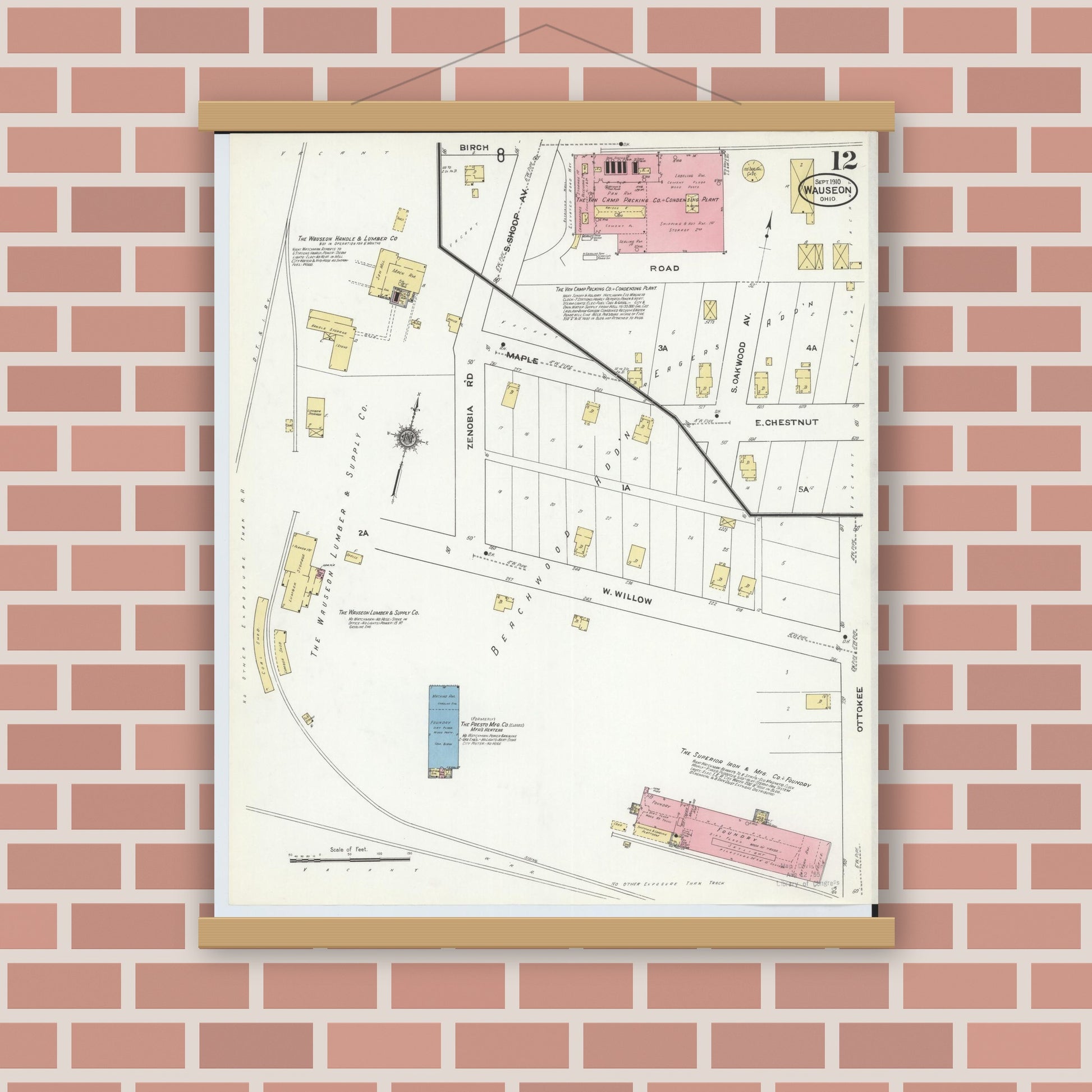 Old map wall art mockup — magnetic wood frame on brick wall — Sanborn Fire Insurance Map from Wauseon, Fulton County, Ohio (1910), Sheet #0012
